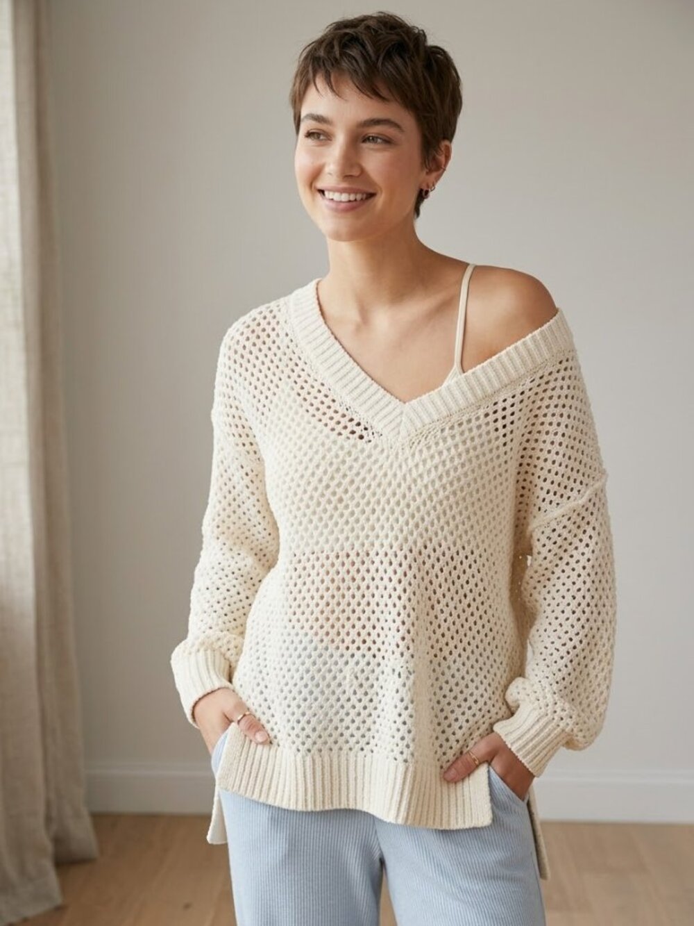Aerie Women's Size XL Cream Open Knit V-Neck Sweater